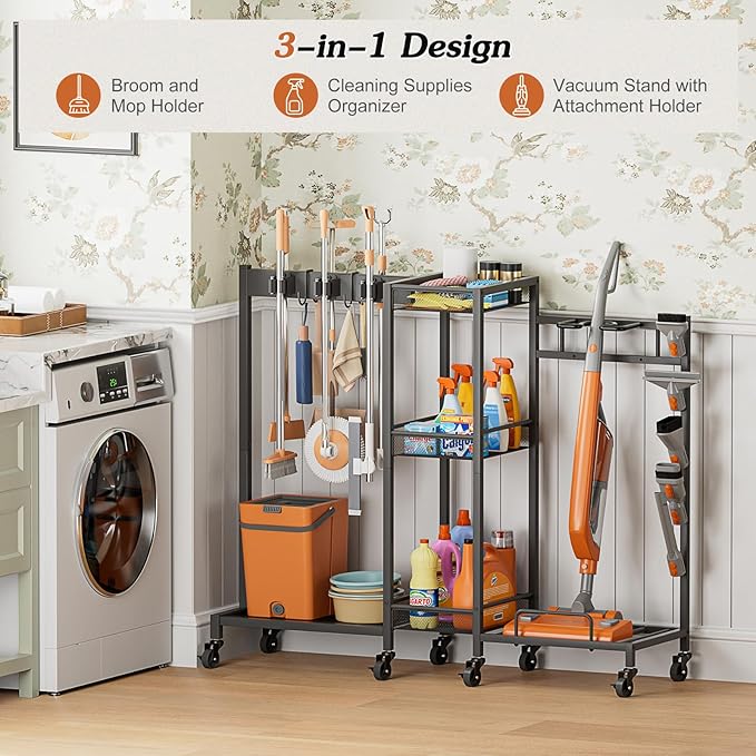 Broom Holder with Cleaning Supplies Organizer, Broom Closet Storage Cabinet with Cleaning Caddy Vacuum Stand, Cleaning Cart with Mop Hanger Gripper Rack Hook, Laundry Room Organization Home Essentials