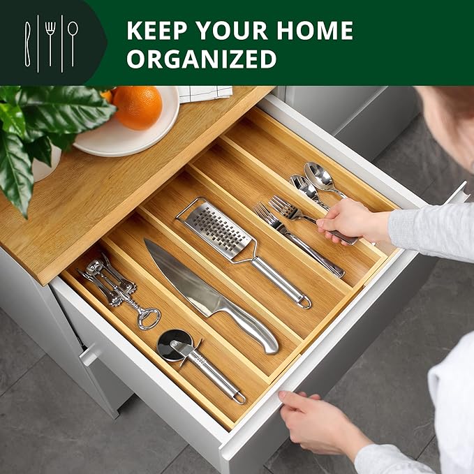 ROYAL CRAFT WOOD Luxury Bamboo Kitchen Drawer Organizer - Silverware Organizer - Utensil Holder and Cutlery Tray with Grooved Drawer Dividers for Flatware and Kitchen Utensils (5 Slot, Natural)