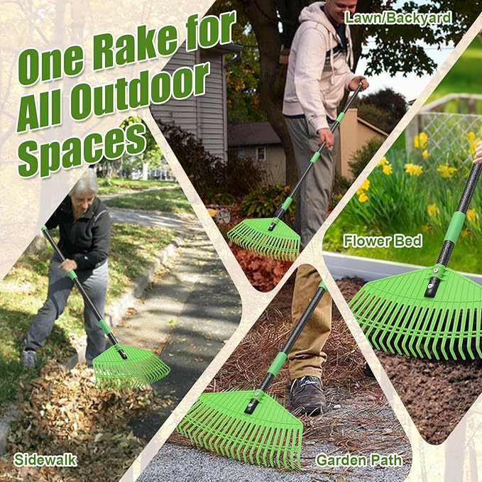 Adjustable 80'' Garden Rake with Metal Handle – Plastic Head Gentle on Grass for Cleaning Leaves, Pine Needles & Lawn Debris, Lightweight Yard Rake for Women, Seniors & Kids