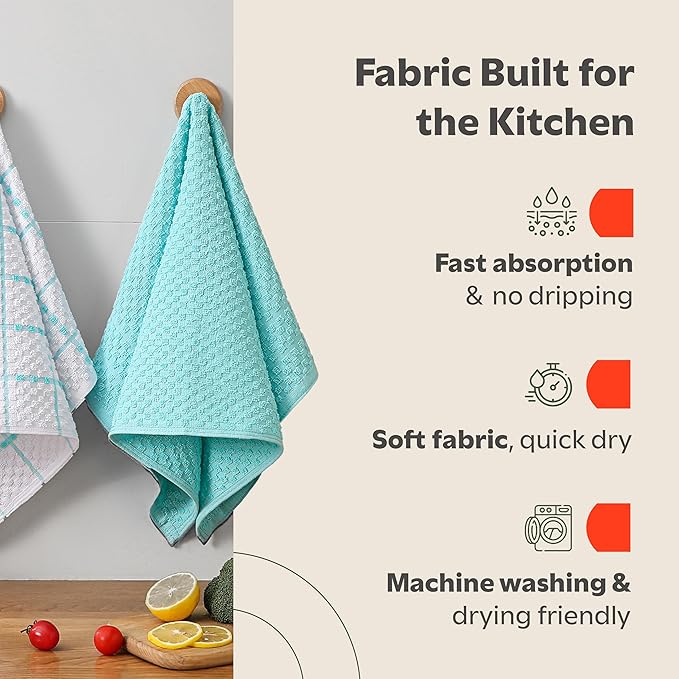 Zeppoli Classic Kitchen Towels - 12 Pack 100% Natural Cotton Towel Set, Reusable Wash Cloths, Absorbent Dish Towels, Machine Washable Hand Towels, Kitchen Essentials - 15” by 25” - Aqua