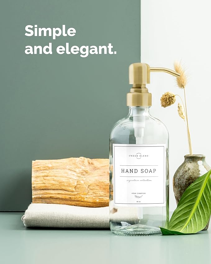 Vine Creations Clear Glass Soap Dispenser, 2 Pack Kitchen Soap Dispenser Set with Stainless Steel Pump, 16 oz Dish Soap and Hand Soap Dispensers for Bathroom with Waterproof Labels