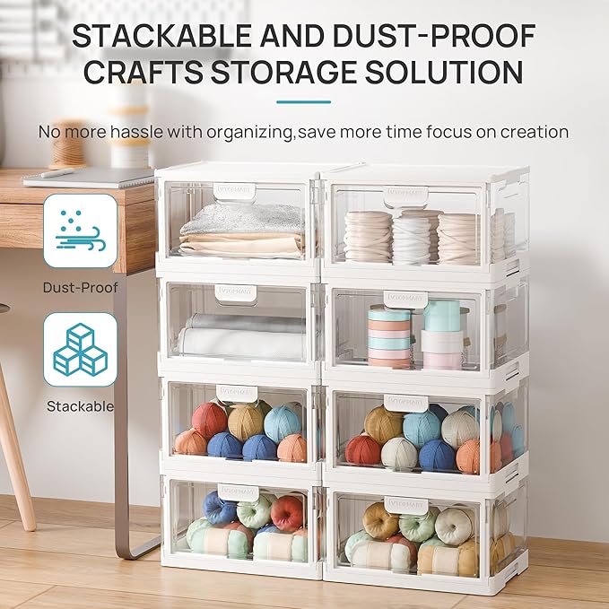 Vtopmart 4 Pack Stackable Storage Bins with Lids,24QT Clear Foldable Closet Organizer with Front-Open Doors,Plastic Storage Containers for Living Room, Bedroom, Craft Room, Dorm Organization