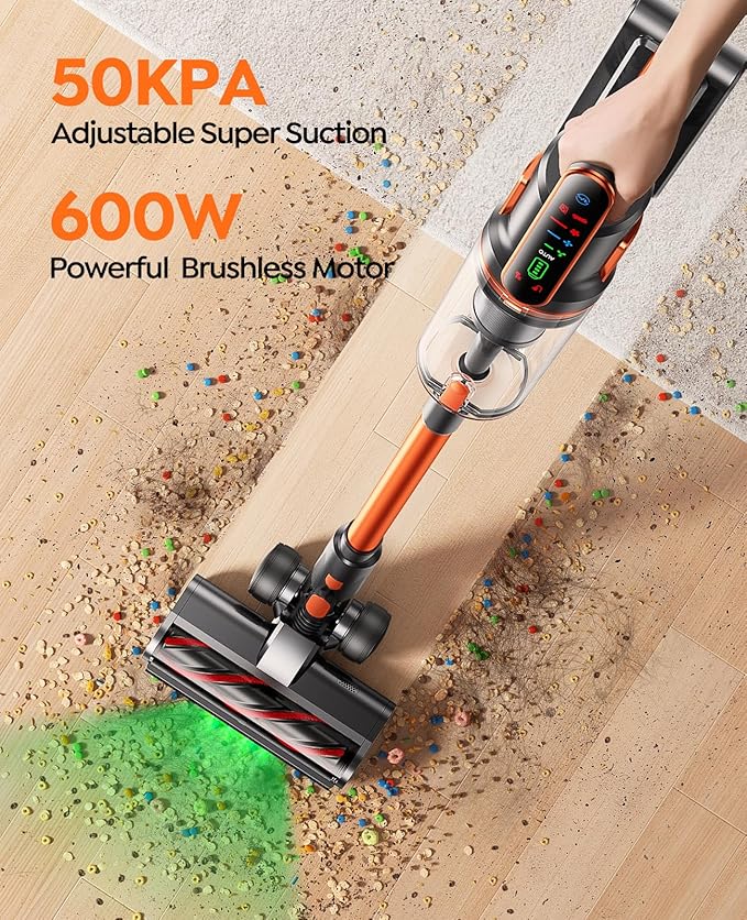 Cordless Vacuum Cleaner, 600W/50KPa/65Min Runtime Stick Vacuum with 3.3Ft Hose, Wall Mount Charging, Auto Mode, Touchscreen, Self-Standing Vacuum Cleaner for Home/Pet Hair/Carpet/Car, Fragrance