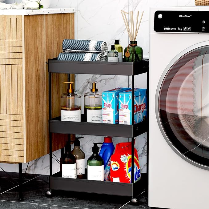 SPACEKEEPER Rolling Storage Cart 3 Tier Bathroom Cart Organizers with Wheels Laundry Room Organization Mobile Shelving Unit Utility Cart Storage Shelves Multi-Functional for Office, Home, Black