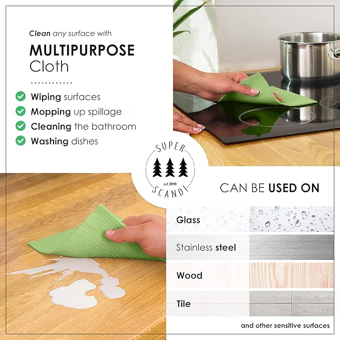 SUPERSCANDI 10 Pack Swedish Dishcloths for Kitchen - 100% Biodegradable & Compostable Reusable Paper Towels Washable, Food-Safe & Without Plastic - Dish Rags Suitable for Any Surface, Apple Green