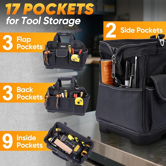 TICONN Heavy Duty Tool Bag with Multi-Pockets, Portable Tool Box Organizer Storage Bag, with Adjustable Shoulder Strap and Ergonomic Handle (Black, 14" Molded Base)