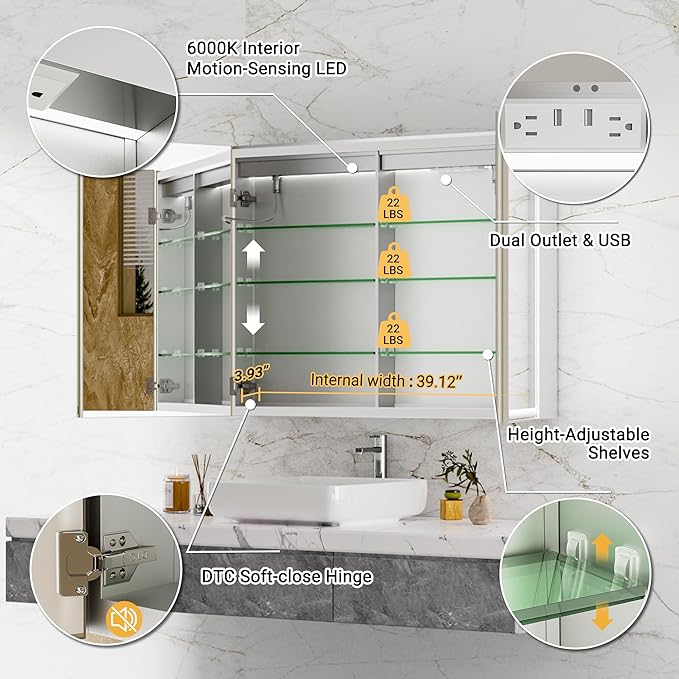 40x30 Lighted Medicine Cabinet with Mirror, Beveled Brushed Nickel Framed Surface or Recessed Fogless Dimmable LED Medicine Cabinet with Outlet, Time Display and Sensor Inner Light