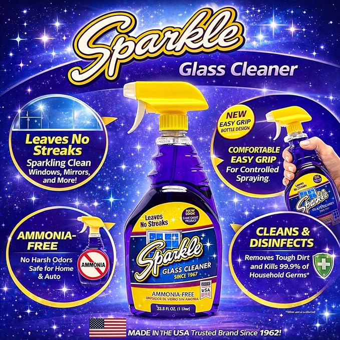 Sparkle Glass Cleaner, Ammonia-Free Streak-Free Formula, 33.8 fl oz Spray Bottle, Safe for Windows, Mirrors & Glass Surfaces (1 Pack)