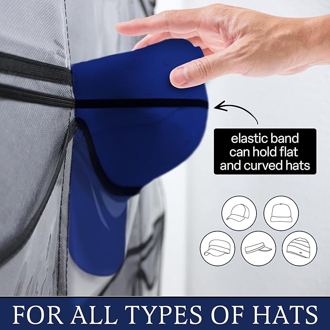 Brandland Hat Organizer for Baseball Caps – 27 Clear Pockets Over-the-Door Rack – Space-Saving Cap Holder Organizer for Hats, Visors, and Accessories – Gray