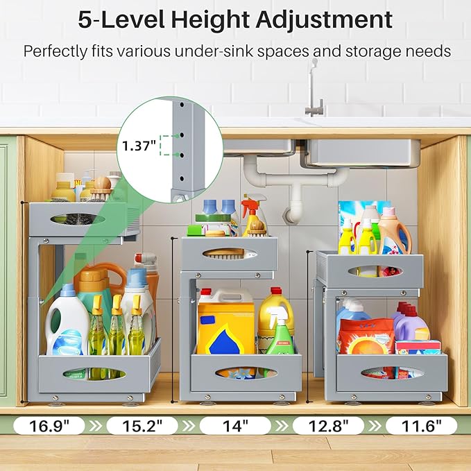 Under Sink Organizer, 2 Pack 2 Tier Pull out Cabinet Organizer Baskets with Mesh Sliding Drawers, Slide out Sink Storage Shelves for Home, Kitchen, Bathroom, Pantry, Office Organizers and Storag,Grey