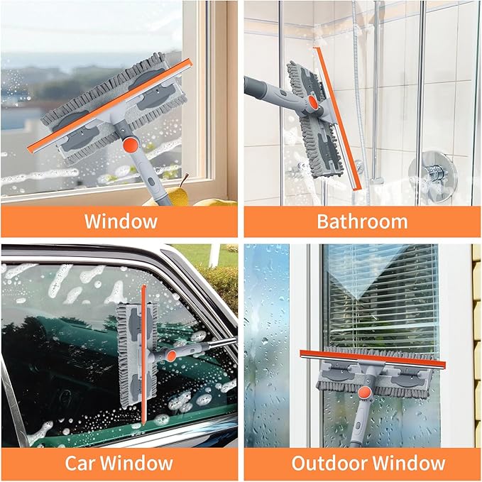 6.4FT Extendable 2-in-1 Window Squeegee & Scrubber with Long Handle, 180° Adjustable Head, Streak-Free Silicone Blade, Multi-Purpose Glass Cleaning Tool for High Windows, Mirrors & Car Windshields