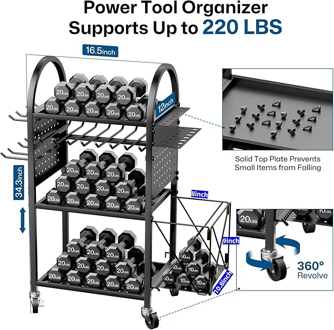 Power Tool Organizer with Wheels 4 Tier Tool Cart Loads 500 LBS with 8 Cordless Drill Holder & Screwdriver Rack Metal Utility Rack for Home, Garage, Workshop, Gifts for Men, Regular with Basket