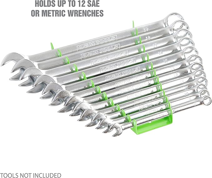 OEMTOOLS 22177 Pro Magnetic Wrench Organizer, 12 Wrench Storage Rail, SAE and Metric Tool Drawer Organizers For Tool Boxes And Metal Surfaces, Green