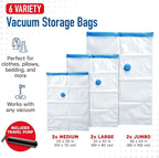 6 Pack Variety Vacuum Seal Bags for Clothing, Travel, Blankets & Comforters - Compression Bag with Hand Pump - Space Saver Vacuum Storage Bags for Bedding, Moving, Travel & Organization (2M, 2L&2XL)