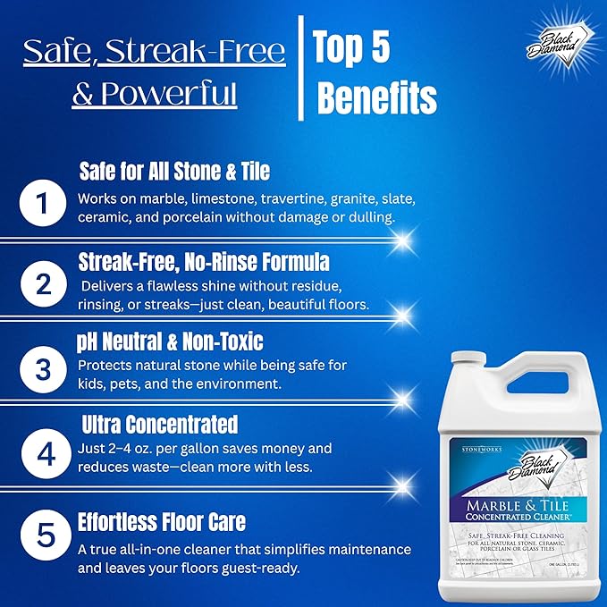 Black Diamond Stoneworks MARBLE & TILE FLOOR CLEANER. Great for Ceramic, Porcelain, Granite, Natural Stone, Vinyl and Brick. No-rinse Concentrate.(1-Gallon)