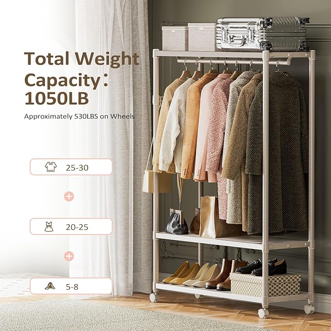 IZEUK Heavy Duty Rolling Garment Rack Wire Clothes Rack for Hanging Clothes (Gold, 3 Tier with 1 Rod, 17.7" D x 45.3" W x 70.3" H)