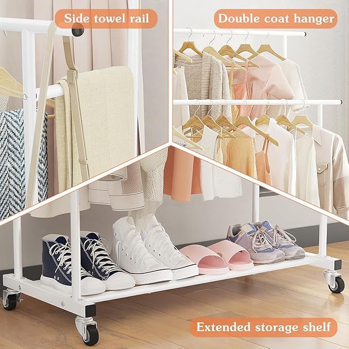 Calmootey Double Rod Clothing Garment Rack,Rolling Hanging Clothes Rack,Portable Clothes Organizer for Bedroom,Living Room,Clothing Store,White