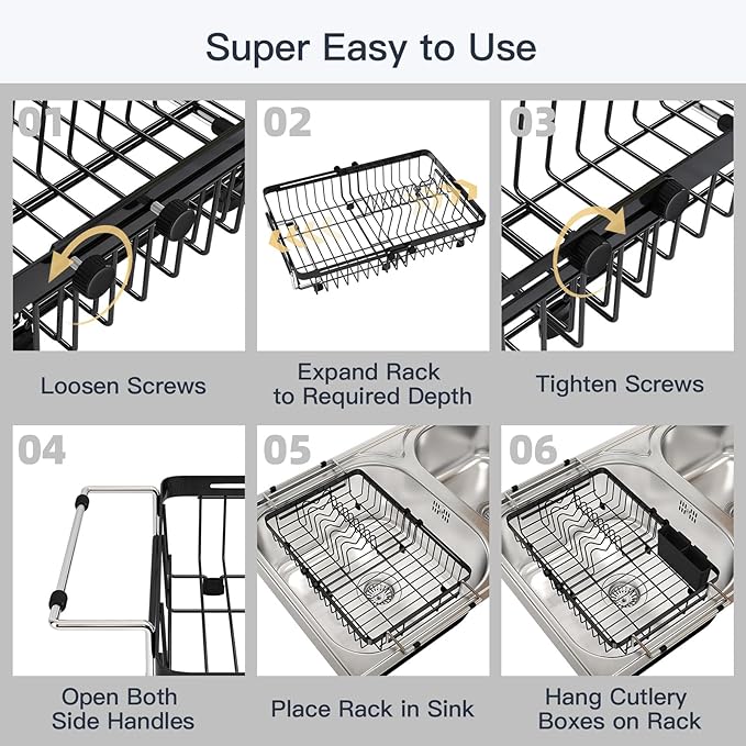 MAJALiS Expandable Stainless Steel Over The Sink Dish Drying Rack for Small Kitchen Counter Space Saving, Compact RV Plate Drainer Strainer in Black Wire Metal with Hanging Adjustable Utensil Holder