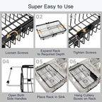 MAJALiS Expandable Stainless Steel Over The Sink Dish Drying Rack for Small Kitchen Counter Space Saving, Compact RV Plate Drainer Strainer in Black Wire Metal with Hanging Adjustable Utensil Holder