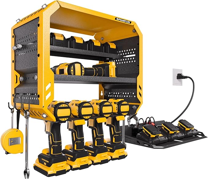 Tool Organzier Storage Wall Mount, Tool Shelves Drill Holder for Men, Metal Sturdy Steel Rack Saves Space in Workshop/Garage Organizes Power Tools, Screwdrivers, Gadgets, Floating Shelving