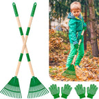 2 Pcs 35'' Kids Rakes for Leaves - Plastic Rake Head with 2 Pairs Kids Gloves, Small Kids Lawn Rakes Detachable Wooden Handle, Autumn Garden Tool Set for Kids Boys and Girls, Green, 3yr+