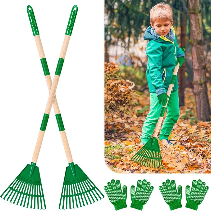 2 Pcs 35'' Kids Rakes for Leaves - Plastic Rake Head with 2 Pairs Kids Gloves, Small Kids Lawn Rakes Detachable Wooden Handle, Autumn Garden Tool Set for Kids Boys and Girls, Green, 3yr+