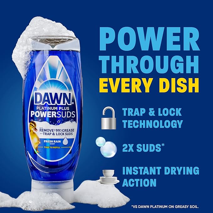 Dawn Platinum Plus PowerSuds EZ-Squeeze Dish Soap Liquid, Dishwashing Liquid, Grease Removal, Upside Down Bottle, Fresh Rain Scent, 2x17.4 Fl Oz Bundle