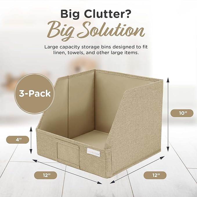 Storage Cubes – 12x12x10 Fabric Baskets for Organizing, Storage Baskets for Shelves, Open Front Fabric Bins, Closet Organizer Bins for Clothes, Towels, Sweaters, Linen – Brown, 3 Pack