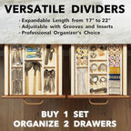 SpaceAid Bamboo Drawer Dividers with Inserts and Labels, Kitchen Adjustable Drawer Organizers, Expandable Organization for Home, Office, Dressers, 10 Dividers with 24 Inserts (17"-22" White)