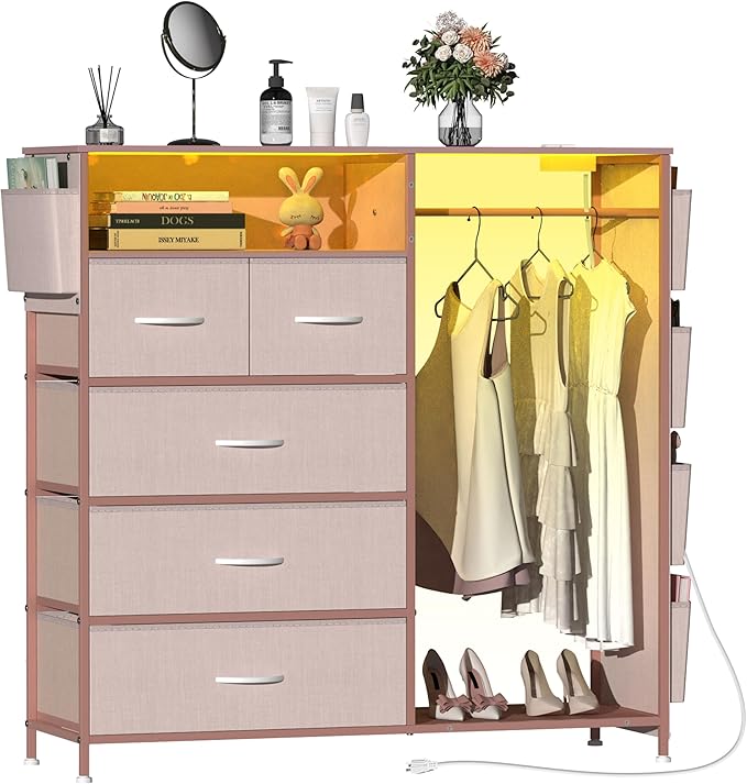 Dresser for Bedroom with Clothes Rack Side Pockets 5 Drawer Dresser with Charging Station LED Lights Black Storage Chest of Drawers for Hallway Closet Sturdy Steel Frame Wood Top (Pink)