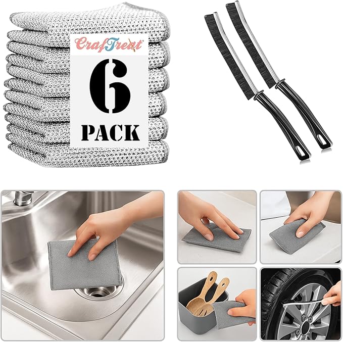 CrafTreat Cleaning Combo – 2 Pack Crevice Cleaning Brushes and 6 Pack Non Scratch Wire Dishcloths for Kitchen, Bathroom, Grout, Sinks, Pots and Pans – Reusable and Durable