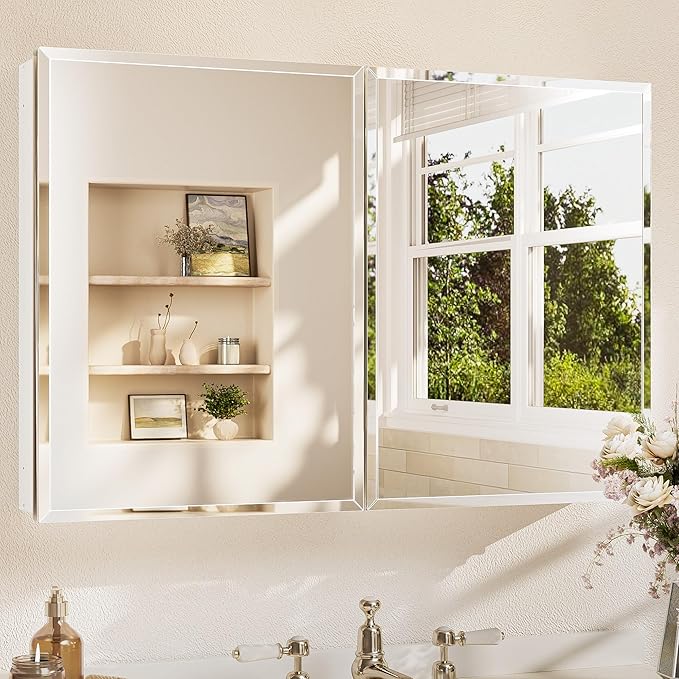 TETOTE 36 x 24 Medicine Cabinet with Tempered Beveled Mirror White Medicine Cabinet Mirror Aluminum Cabinet DTC Hinges, Stepless Adjustable Shelves, Recessed/Surface-Mounted