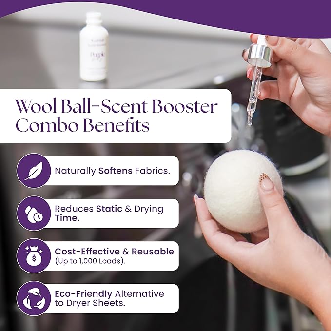 Purple Duck Wool Dryer Balls with Scent Booster – Reusable Dryer Balls for Laundry, Softens Fabrics, Reduces Static, Includes Scent Booster - Linen & Sunshine 1 Oz
