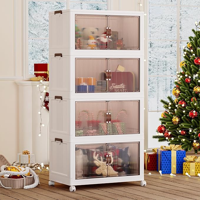 Jalove 120Gal Large Storage Bins with lids, 480QT Plastic Stackable Storage Containers with Wheels, Collapsible Closet Organizer and Storage Drawers,Clothes Organization for Cabinet Home, 4Pack White