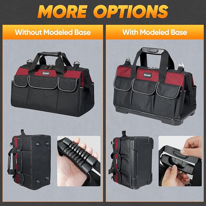 TICONN Heavy Duty Tool Bag with Multi-Pockets, Portable Tool Box Organizer Storage Bag, with Adjustable Shoulder Strap and Ergonomic Handle (Red, 14" Standard Base)