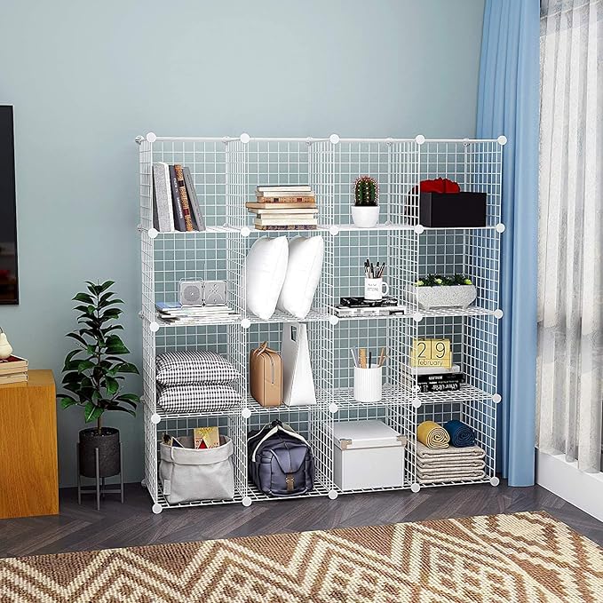HUBSON Wire Cube Storage Organizer, Book/Toy/Craft/Potted Plants and petCloset Organizers and Storage Shelves, 9-Cube Freely Combinable Metal Grids Storage Shelf, White Iron
