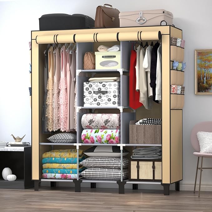 Portable Wardrobe with 10 Storage Racks and 2 Hanging Poles 6 Side Pockets Fleece Cover, Size 130 x 45 x 172 cm, Bedroom Closet Organizer (Beige)