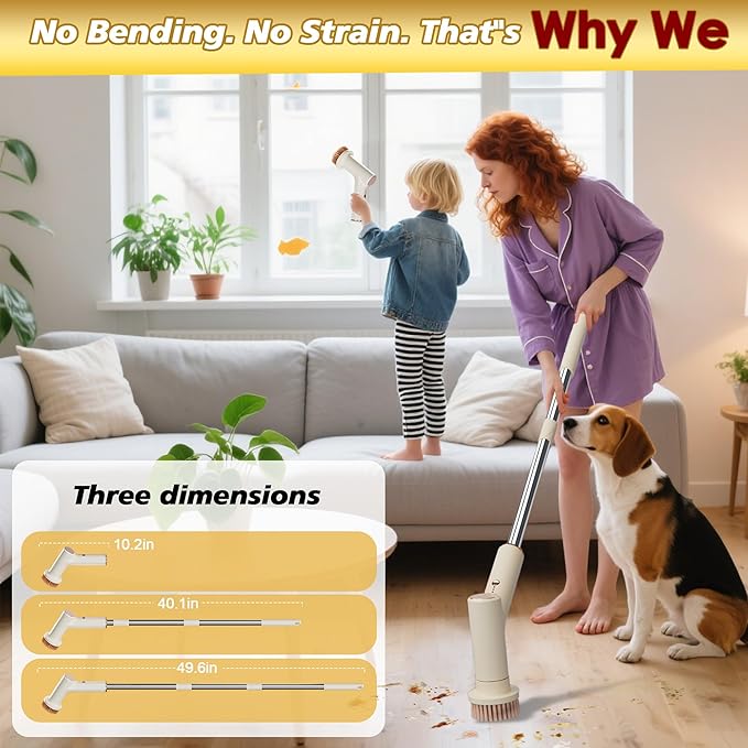 Electric Spin Scrubber, Battery 2.5H with Extra-Long Runtime, 10 Brush Heads, IPX7 Waterproof Power Shower Scrubber with Long Handle, 2 Speeds Cordless Cleaning Brush for Bathroom Bathtub