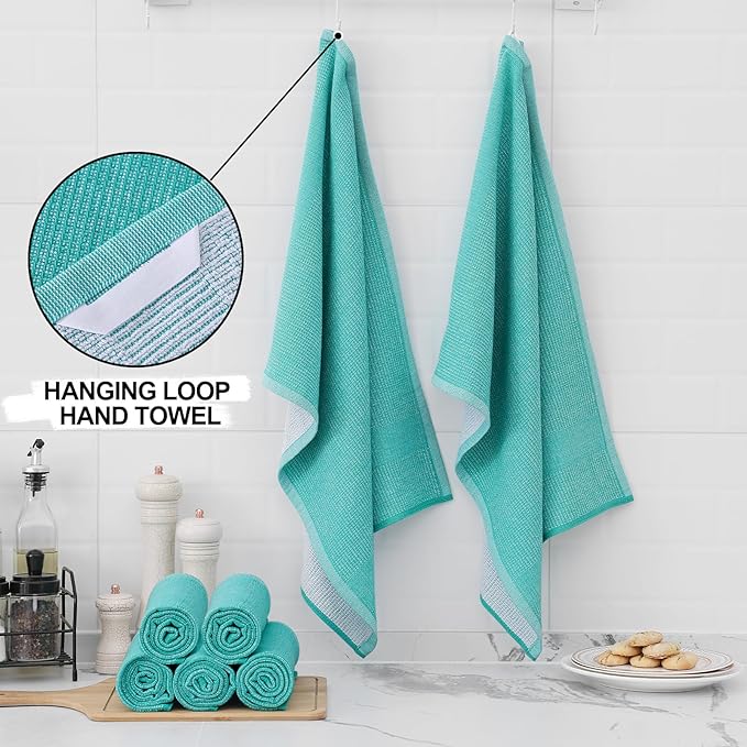 Homaxy Premium Kitchen Towels(18”x 28”, 6 Pack), Large Cotton Kitchen Hand Towels, Flat and Terry Dish Towels, 380 GSM Highly Absorbent Tea Towel Set with Hanging Loop, Teal