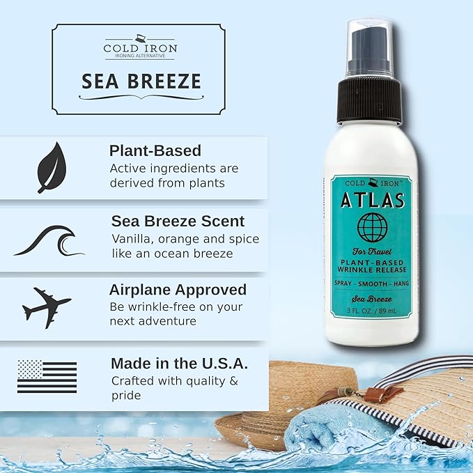 Cold Iron Wrinkle Release Spray for Clothes. 32 fl oz. Citrus Mint & Atlas Travel Size 3 fl oz Sea Breeze. Fast, Easy to Use Ironing Alternative. Spray, Smooth, Hang. Award Winning