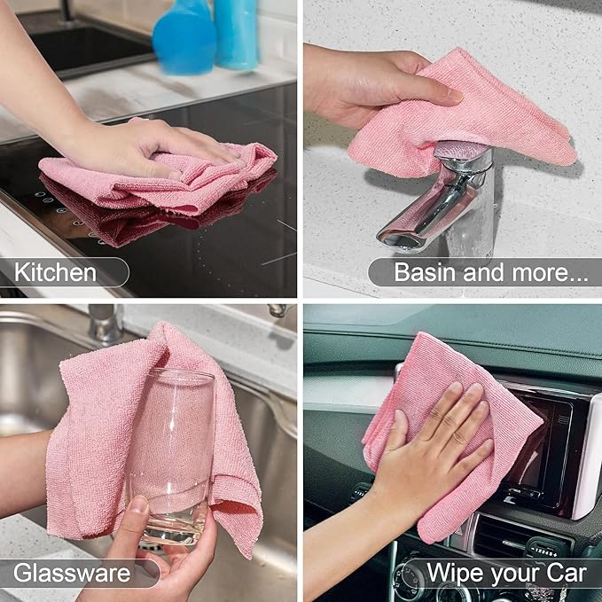 UPSTAR Microfiber Cleaning Cloth, Reusable Paper Towels Rolls, Dish Rags for Washing Dishes, Kitchen, Bathroom, Car, 12x12 inch, 50 Packs/Roll, Pink