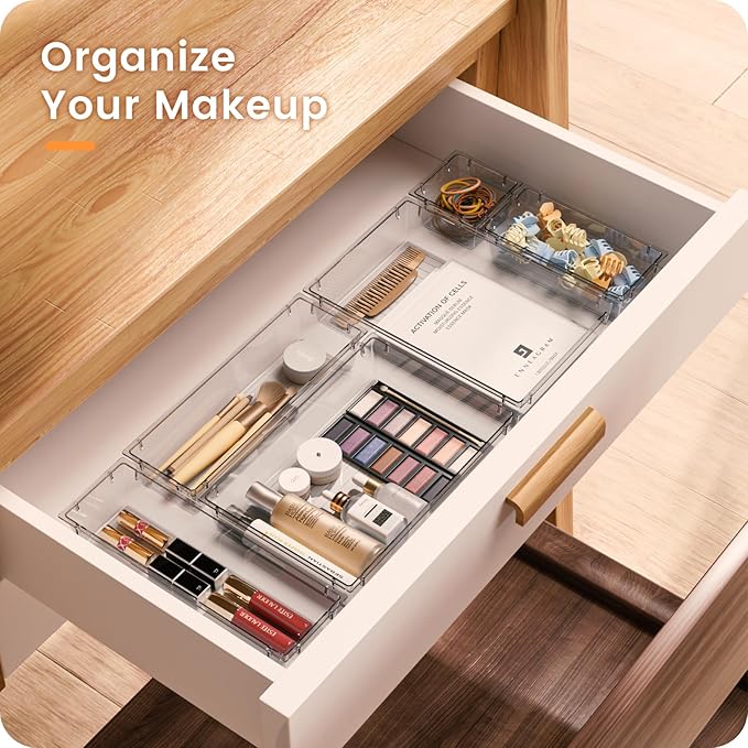 【Crystal Design】A-LUGEI Clear Drawer Organizer,【Military Grade】Acrylic Makeup Organizer, Bathroom Organizers and Storage, Organization and Storage, Organizer Bins for Office Vanity Kitchen Tool Trays