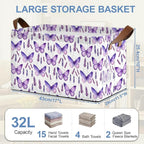 Lavender Storage Baskets,Purple Butterfly Foldable Organizer Bin with Handles for Home Living Room Bedroom Closet Box 17x11.5x10Inch
