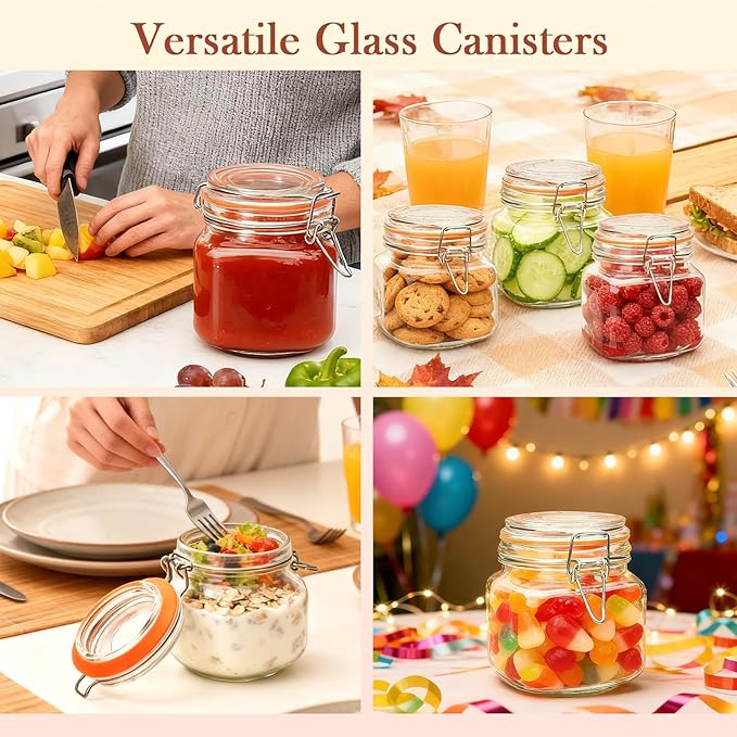 Encheng 25 oz Glass Jars With Airtight Lids And Leak Proof Rubber Gasket,Wide Mouth Mason Jars With Hinged Lids For Kitchen Canisters 750ml, Glass Storage Containers 6 Pack
