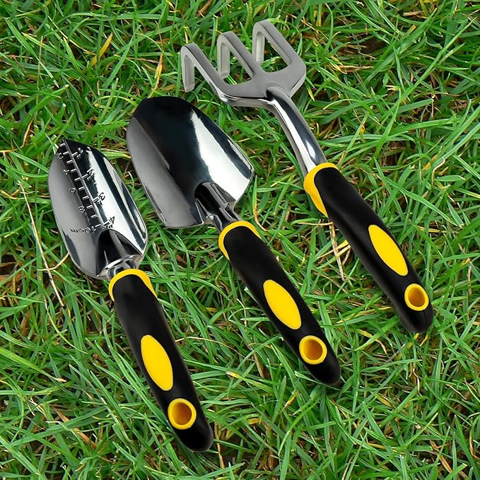 ⭐️ Gardenera 3PC Garden Tool Set with Soft Rubberized Non-Slip Handles - Hand Trowel, Transplant Trowel, Hand Rake in Polished Aluminum - Ideal for All Gardening Needs and The for Gardeners 🎁