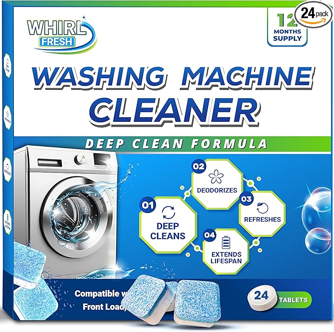 Washing Machine Cleaner Tablets, 24 Pack–Deep Cleaning Tablets for Top & Front Load HE Washer Cleaners, Descaler & Deodorizer, Septic Safe, Cleans Drum, Tub, Seal & All Internal Parts
