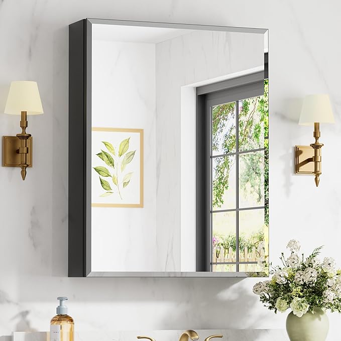 24x30 Inch Medicine Cabinet with Mirror, Aluminum Medicine Cabinet, Tempered Beveled Edge Mirror Single Door, Adjustable Shelves, Surface or Recessed Mount Bathroom Mirrors with Storage, Black