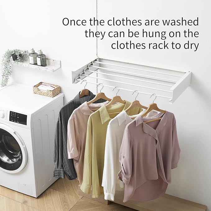 Clothes Drying Rack, Laundry Hanging Rack Collapsible, Wall Mounted Drying Rack for Laundry, Foldable Drying Rack Indoor Outdoor, 31.5" Wide, 5 Aluminum Rods, 60 lb Capacity (White 31.5")