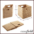 Casafield 10.5" x 10.5" Water Hyacinth Storage Baskets, Natural - Set of 4 Collapsible Cube Organizers, Woven Bins for Bathroom, Bedroom, Laundry, Pantry, Shelves