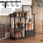 Industrial 4-Tier Storage Shelf with Drawer & Hanging Hooks - Metal & Wood Entryway Organizer Rack for Bedroom, Living Room - Freestanding Clothing Coat Rack with Multi-Level Shelves (Black)